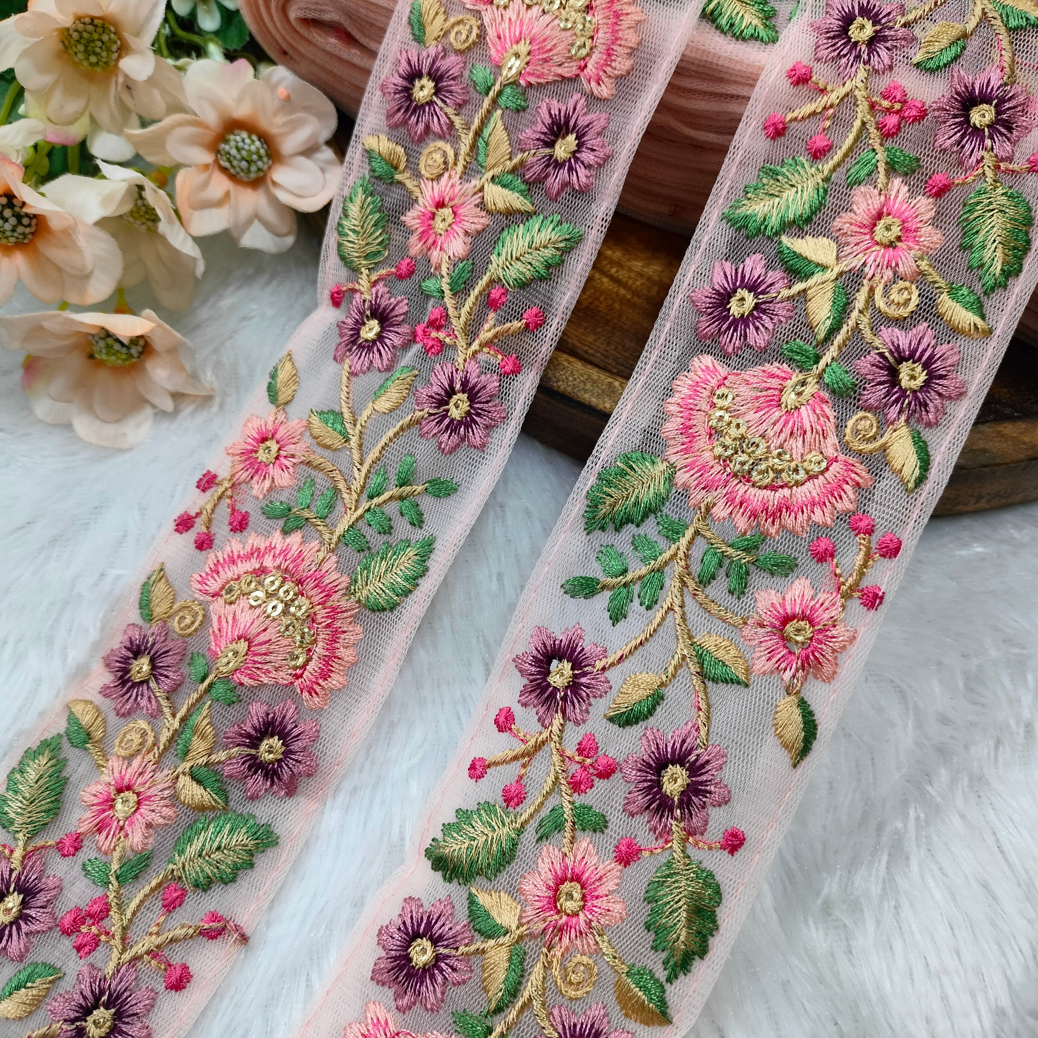 Floral Vine Embroidered Net Lace Border