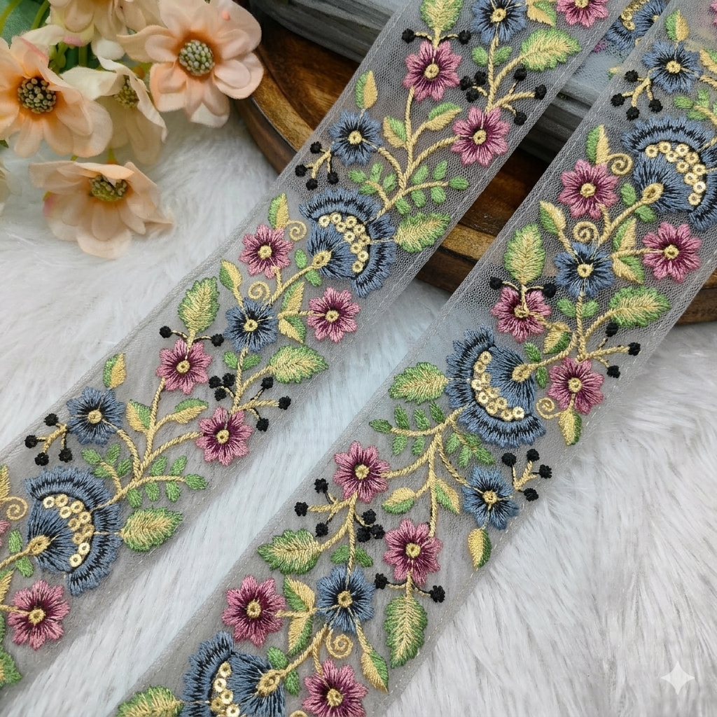 Floral Vine Embroidered Net Lace Border