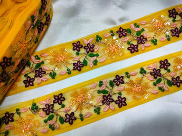 Yellow Base Multicolor Floral Embroidered Trim