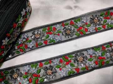 Black Base Multicolor Floral Embroidered Trim