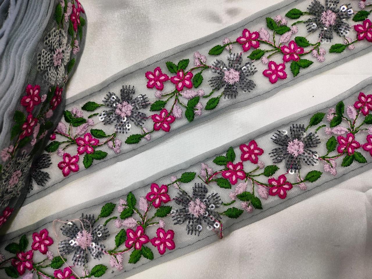 Grey Base Multicolor Floral Embroidered Trim