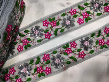 Grey Base Multicolor Floral Embroidered Trim