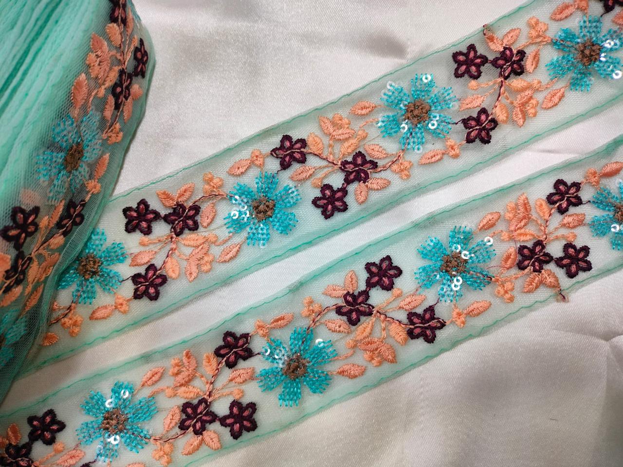 Light Blue Base Multicolor Floral Embroidered Trim