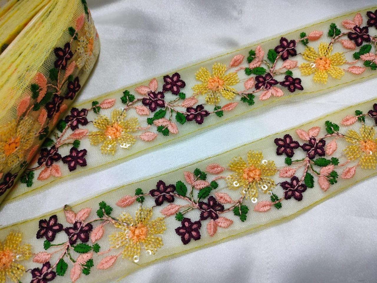 Lime Yellow Base Multicolor Floral Embroidered Trim