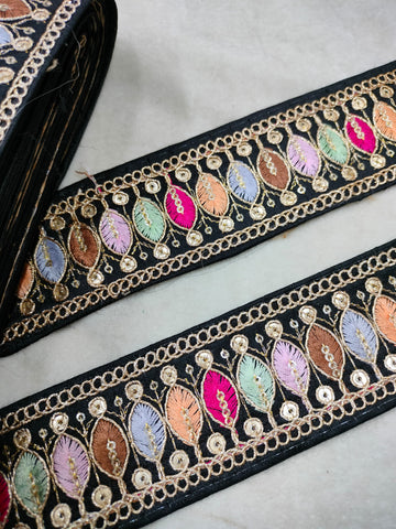 Elegant Black Base Trim with Multicolor Embroidery