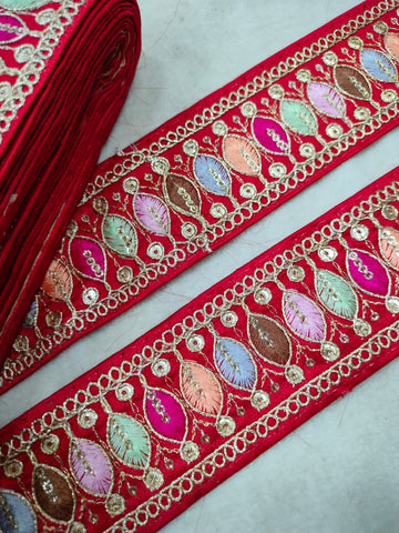 Vibrant Red Trim with Colorful Embroidery  Trim