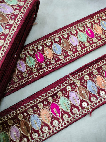 Elegant Maroon Trim with Colorful Embroidery Trim