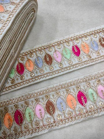 Elegant White Trim with Multicolor Embroidery