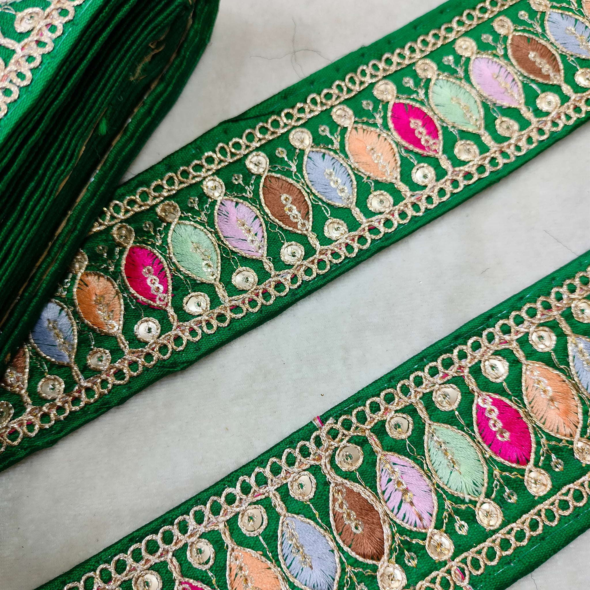 Vibrant Green Trim with Colorful Embroidery Trim