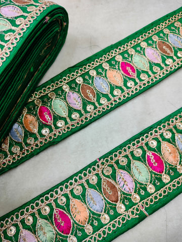 Vibrant Green Trim with Colorful Embroidery Trim