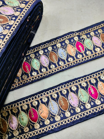 Elegant Royal Blue Trim with Vibrant Multicolor Embroidery