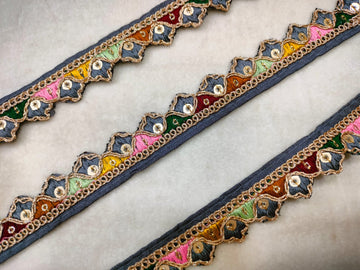 Elegant Grey Trim with Vibrant Multicolor Embroidery