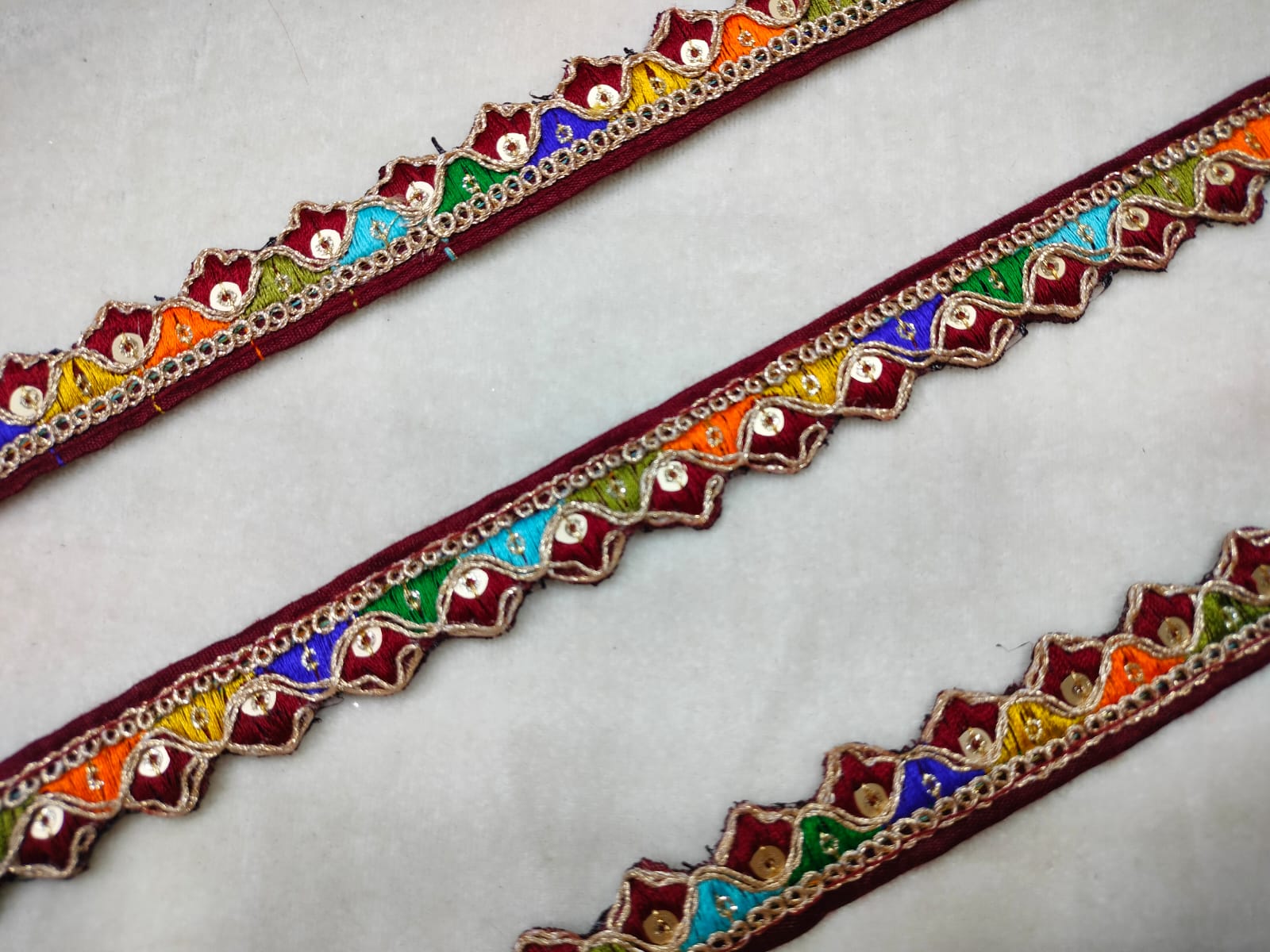 Maroon Base Multicolor Embroidered Trim