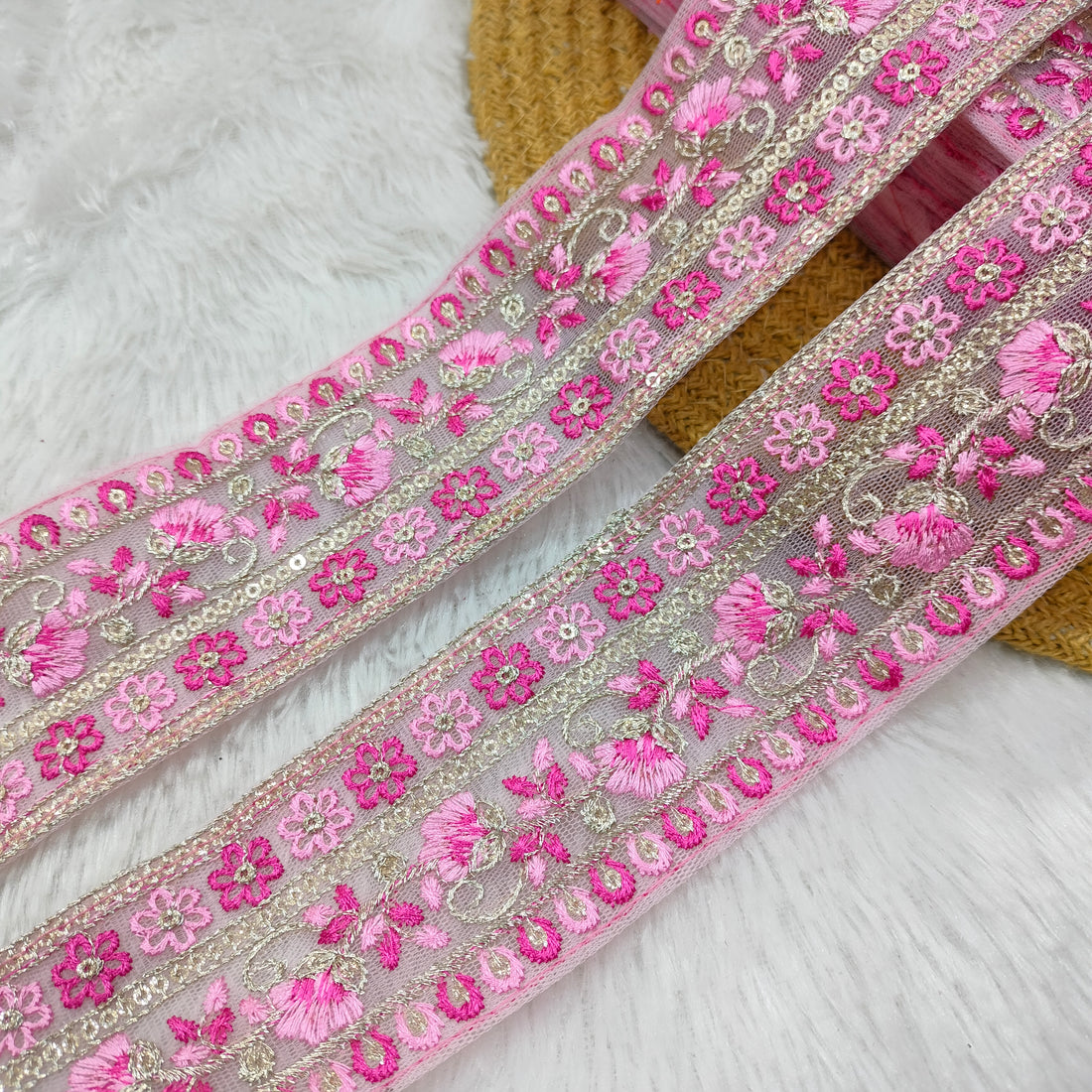 Floral Embroidered Net Lace Trim Border with Sequin Work