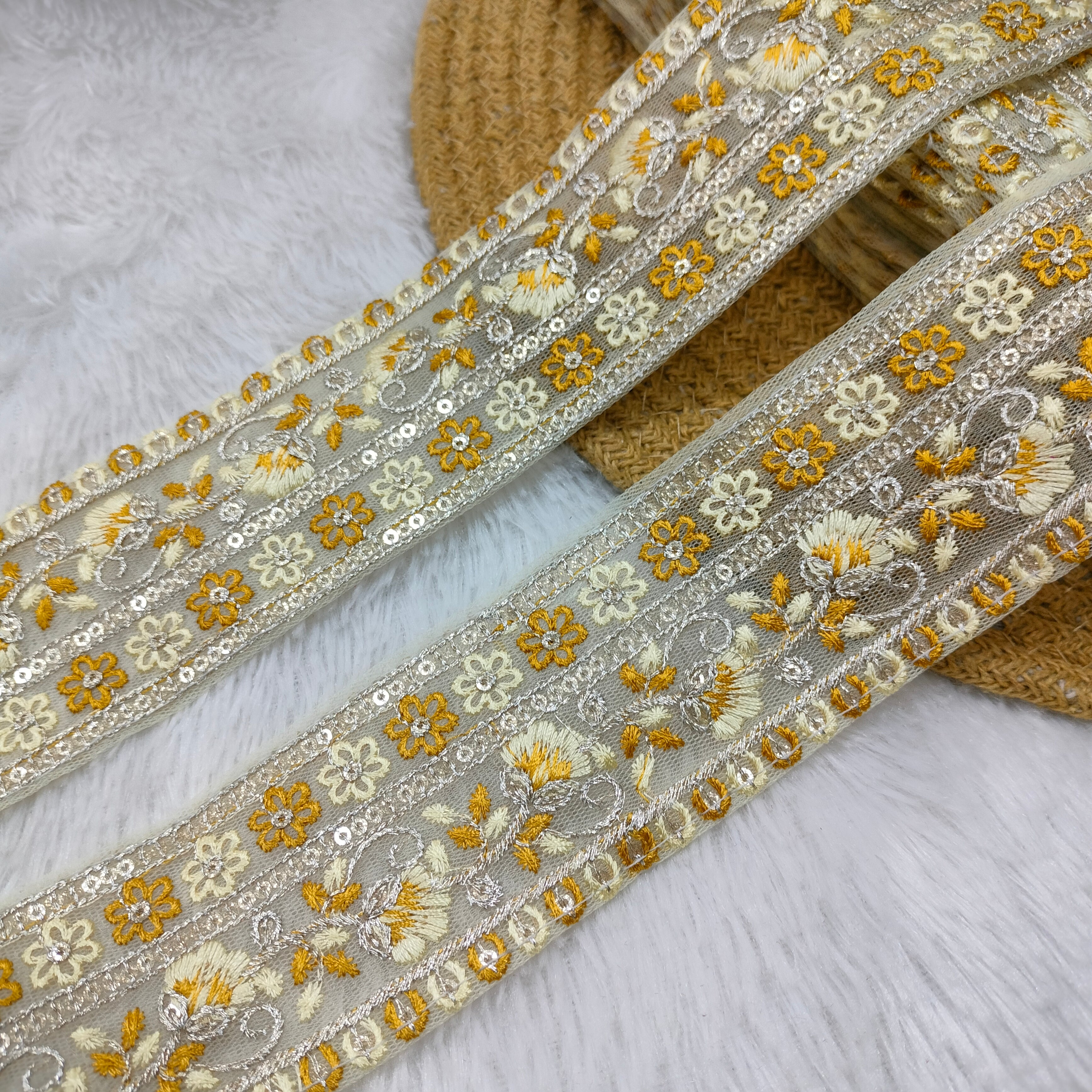 Floral Embroidered Net Lace Trim Border with Sequin Work