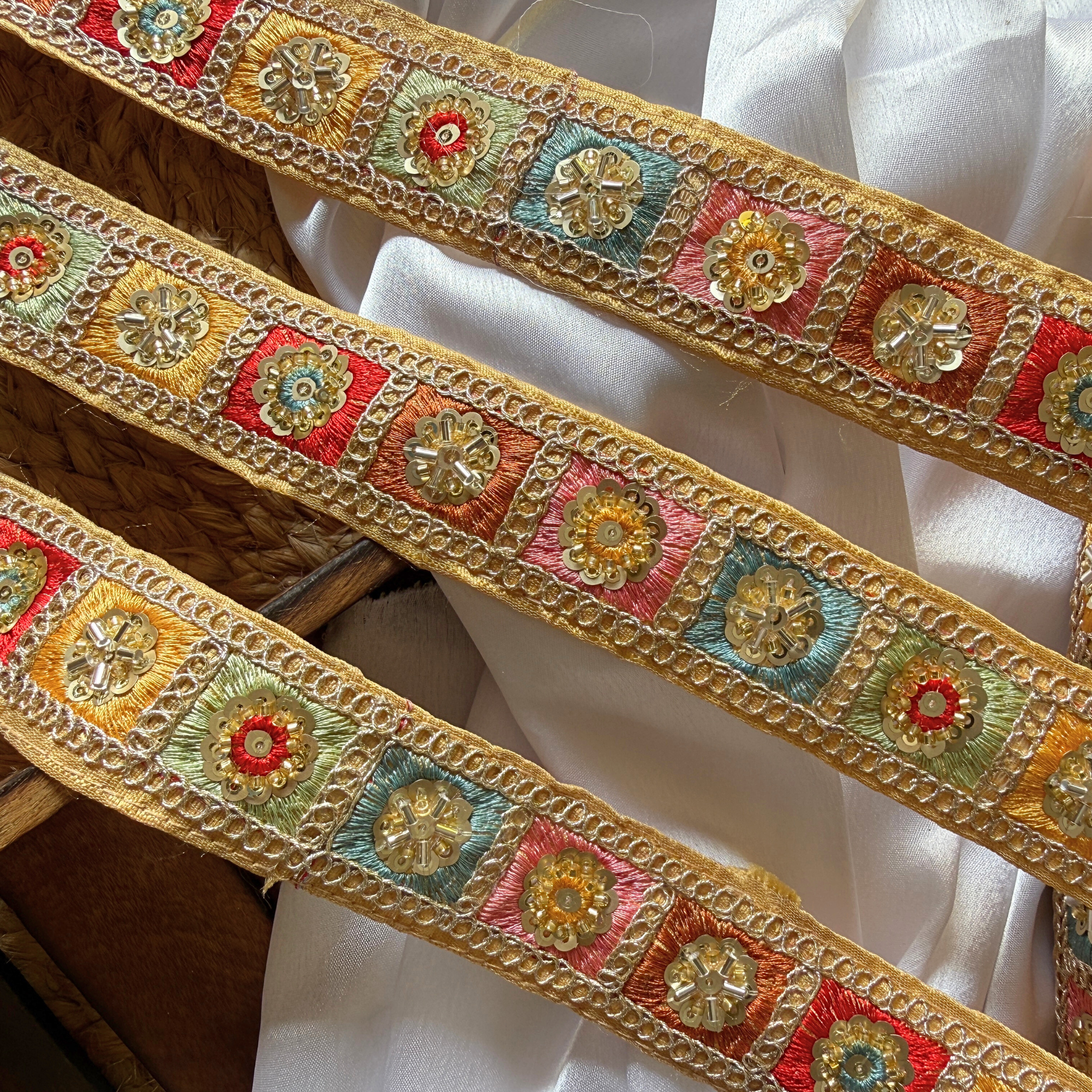 Geometric Embroidered Sequin Lace Trim Border for Ethnic and Festive Wear