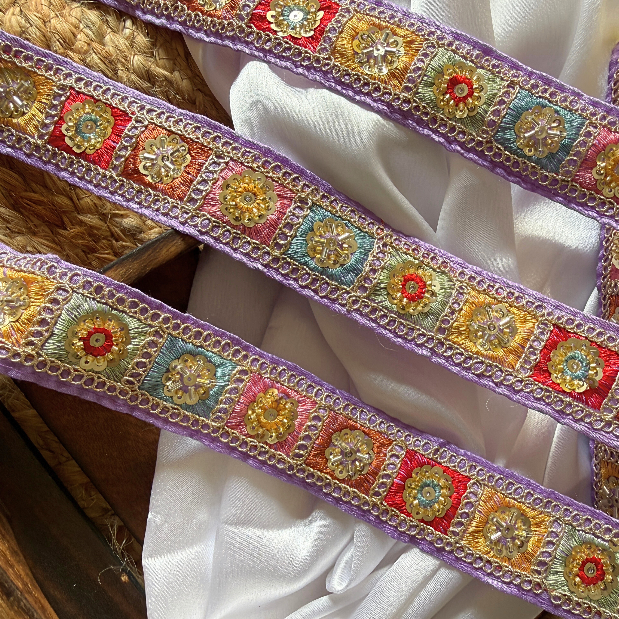 Geometric Embroidered Sequin Lace Trim Border for Ethnic and Festive Wear