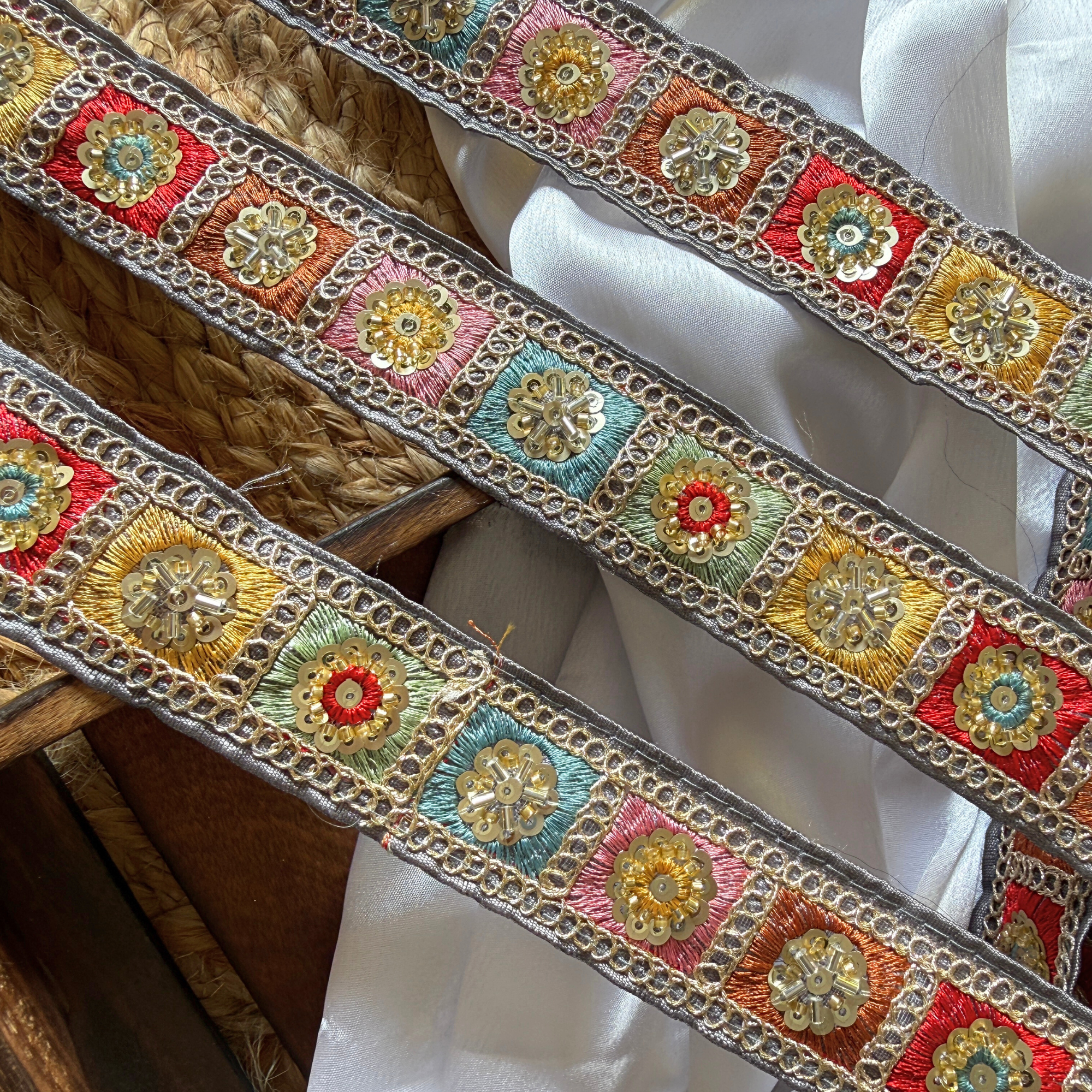 Geometric Embroidered Sequin Lace Trim Border for Ethnic and Festive Wear