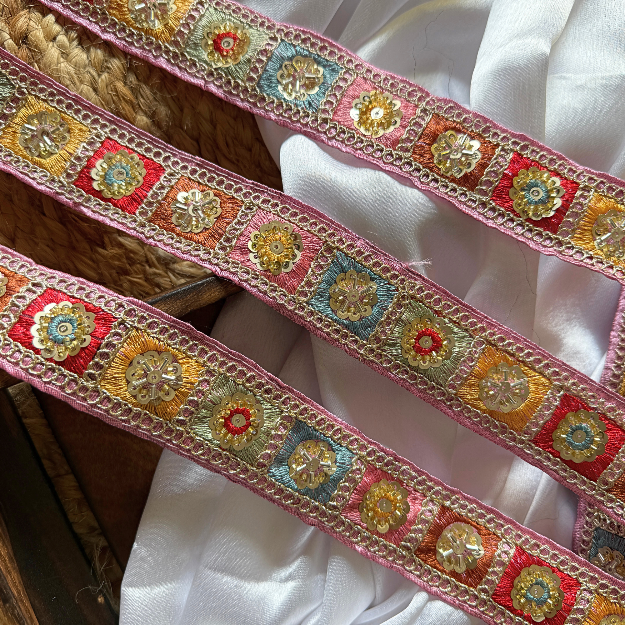 Geometric Embroidered Sequin Lace Trim Border for Ethnic and Festive Wear