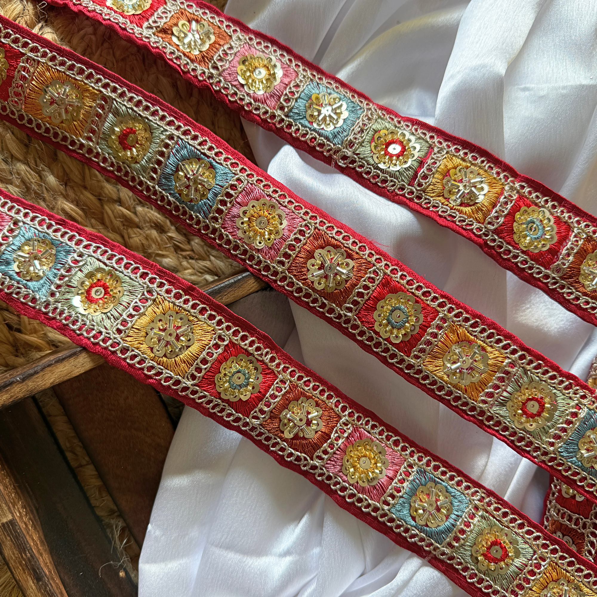 Geometric Embroidered Sequin Lace Trim Border for Ethnic and Festive Wear