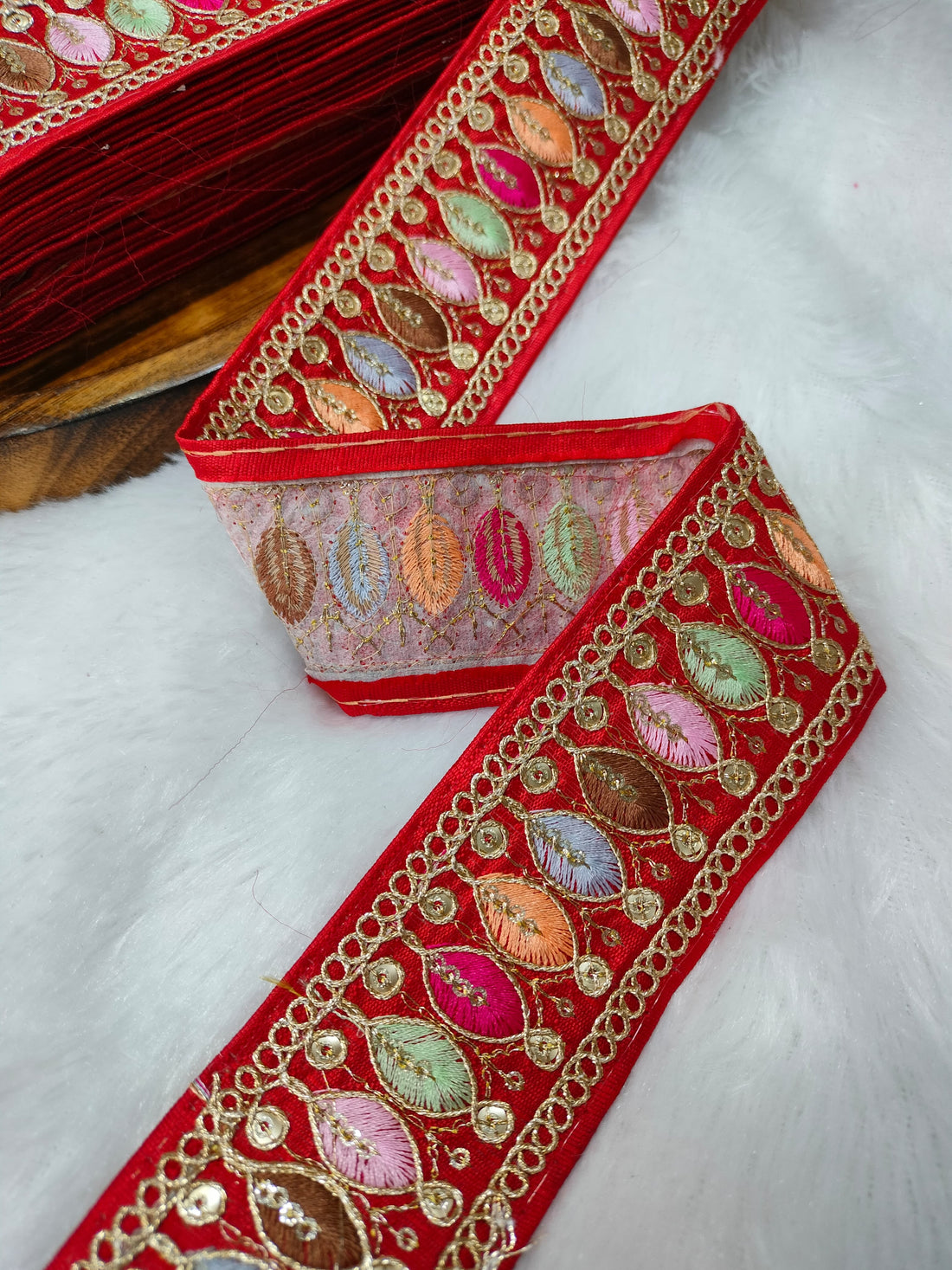 Vibrant Red Trim with Colorful Embroidery  Trim