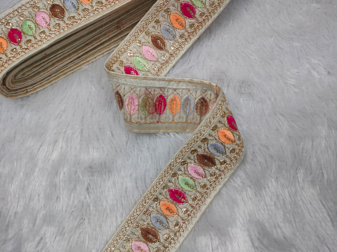 Elegant White Trim with Multicolor Embroidery