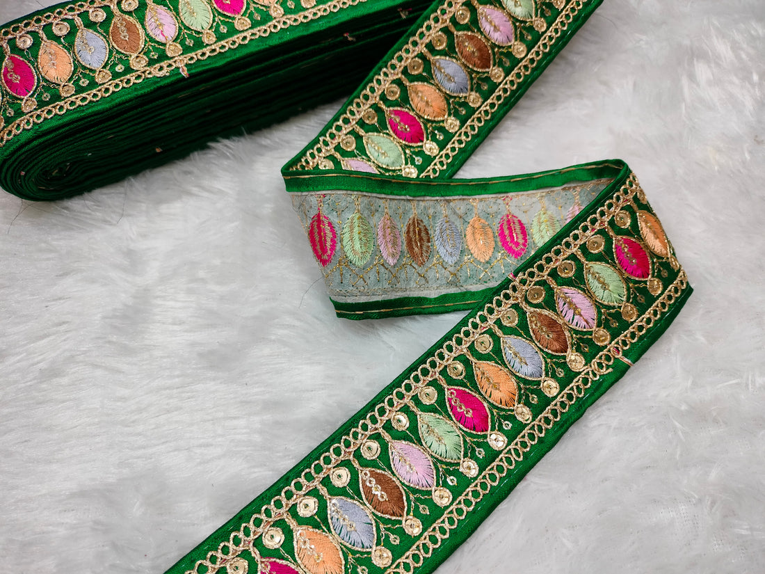 Vibrant Green Trim with Colorful Embroidery Trim