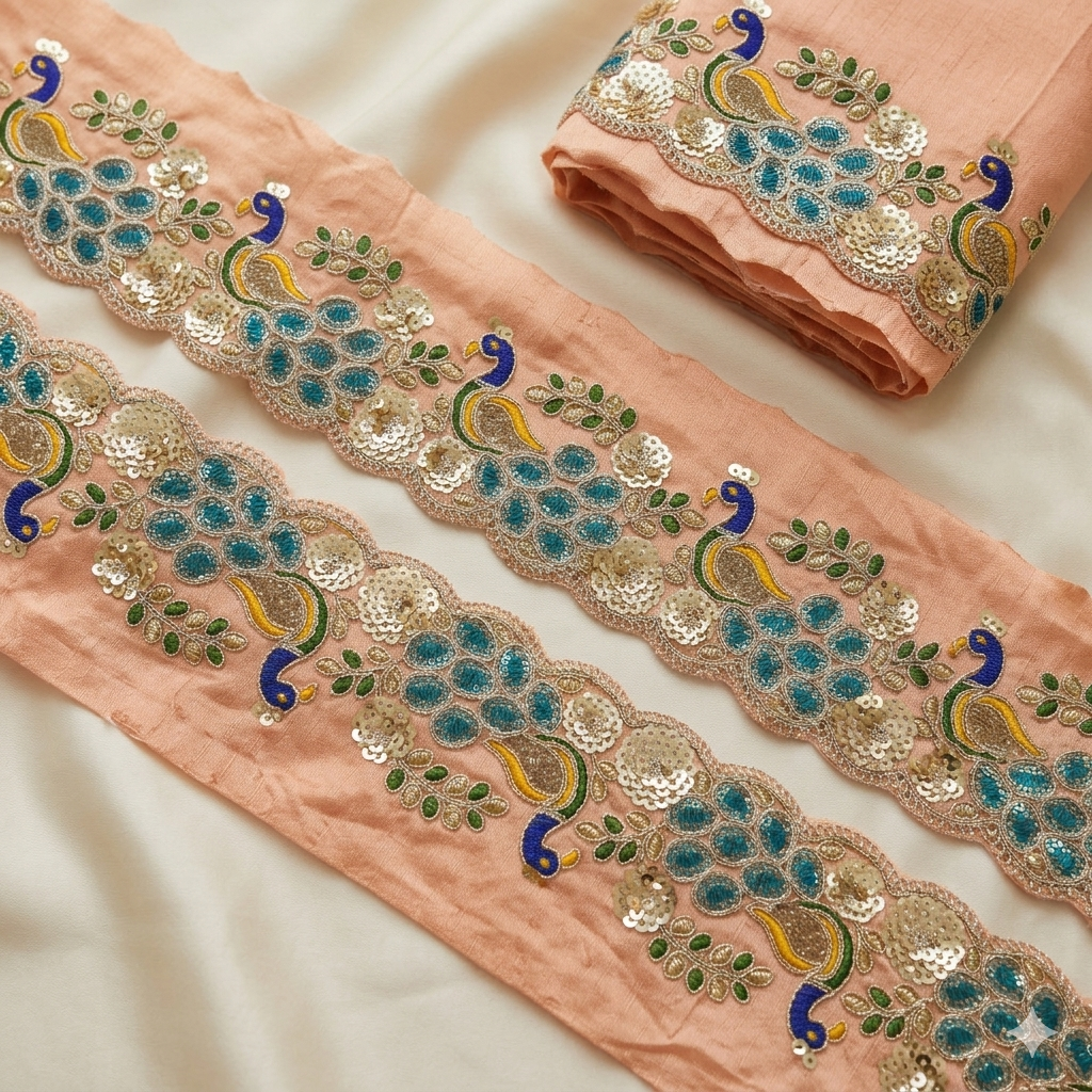 Peacock Motif Multicolor Embroidered Sequin Trim