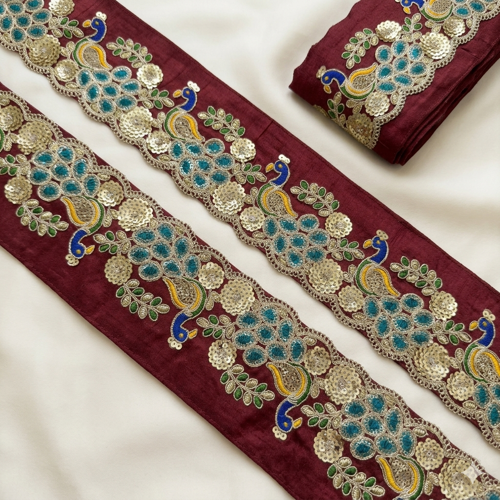Peacock Motif Multicolor Embroidered Sequin Trim