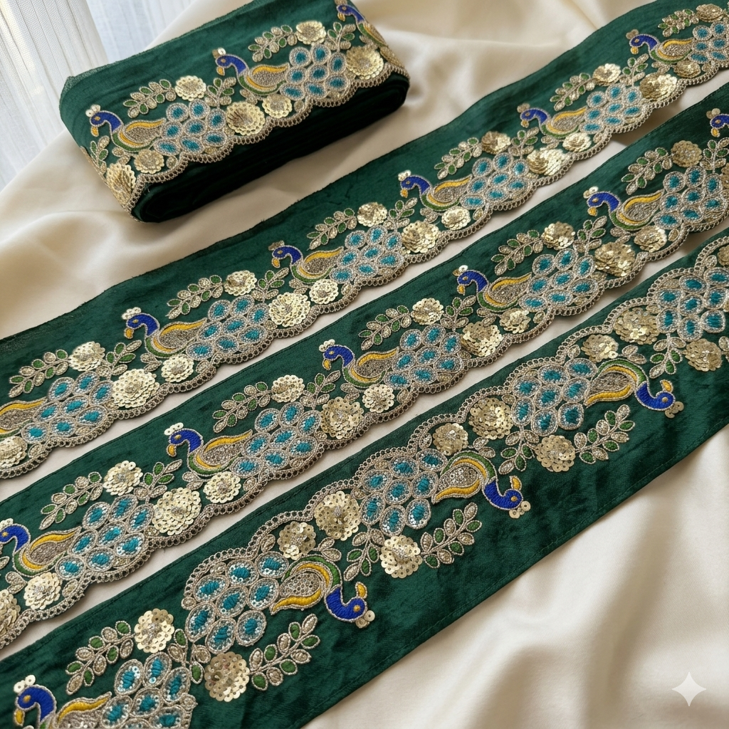 Peacock Motif Multicolor Embroidered Sequin Trim