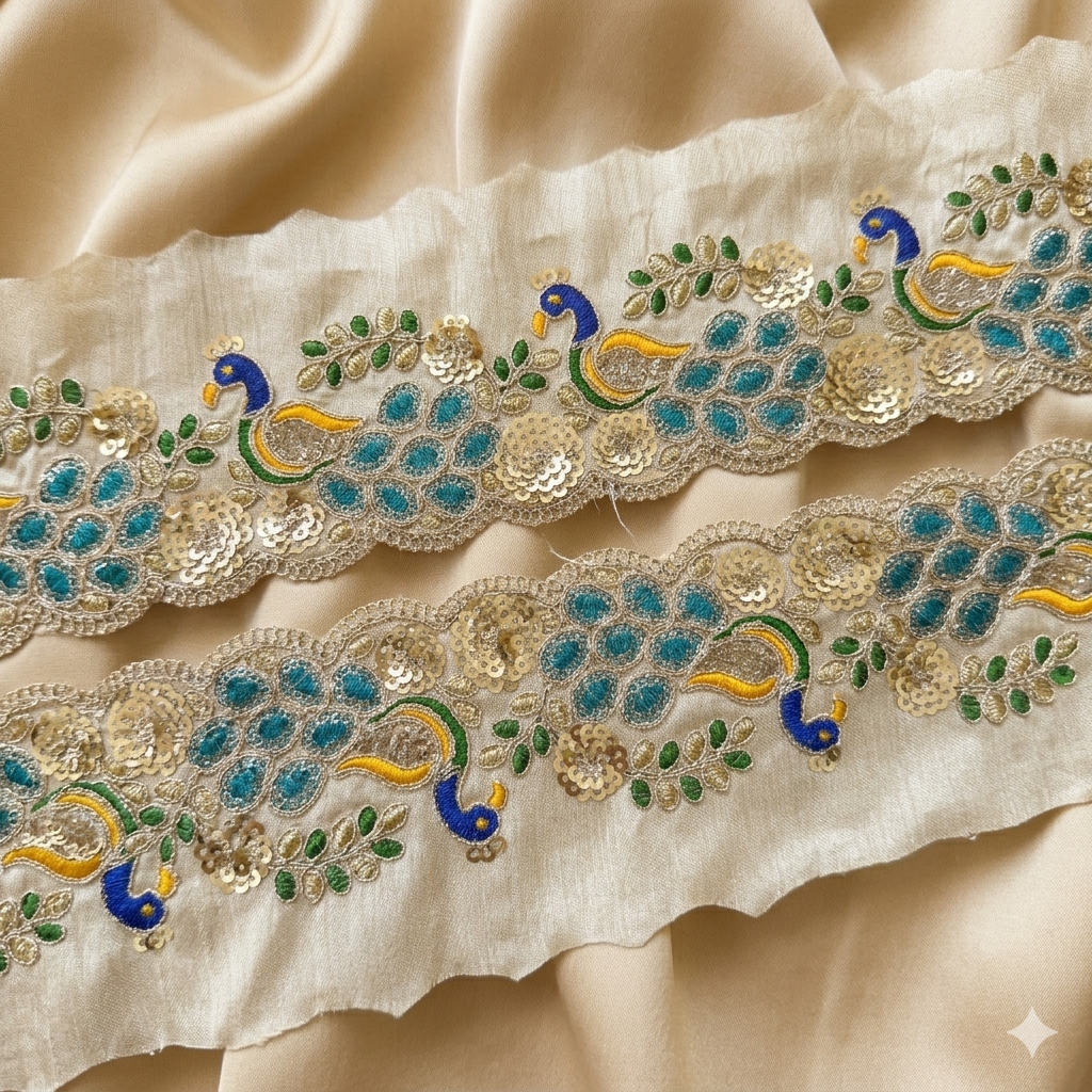 Peacock Motif Multicolor Embroidered Sequin Trim