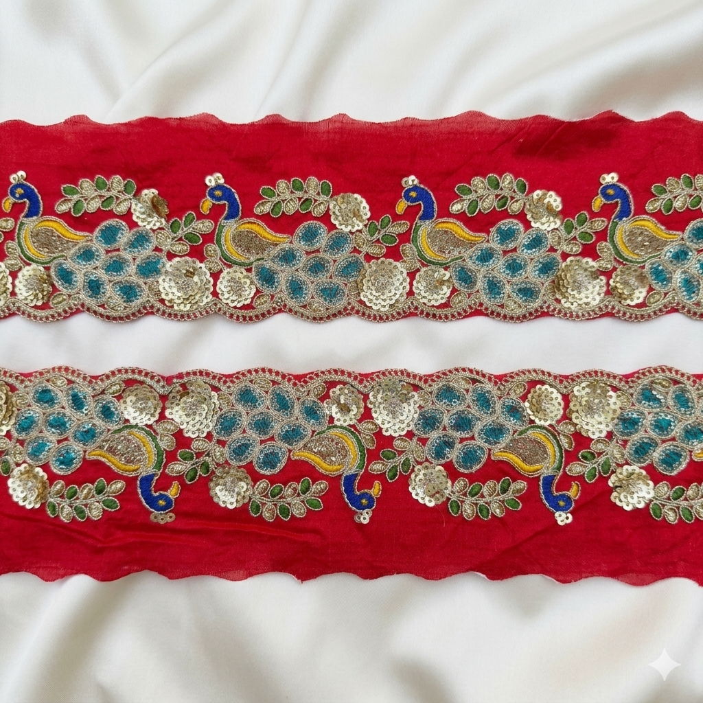Peacock Motif Multicolor Embroidered Sequin Trim