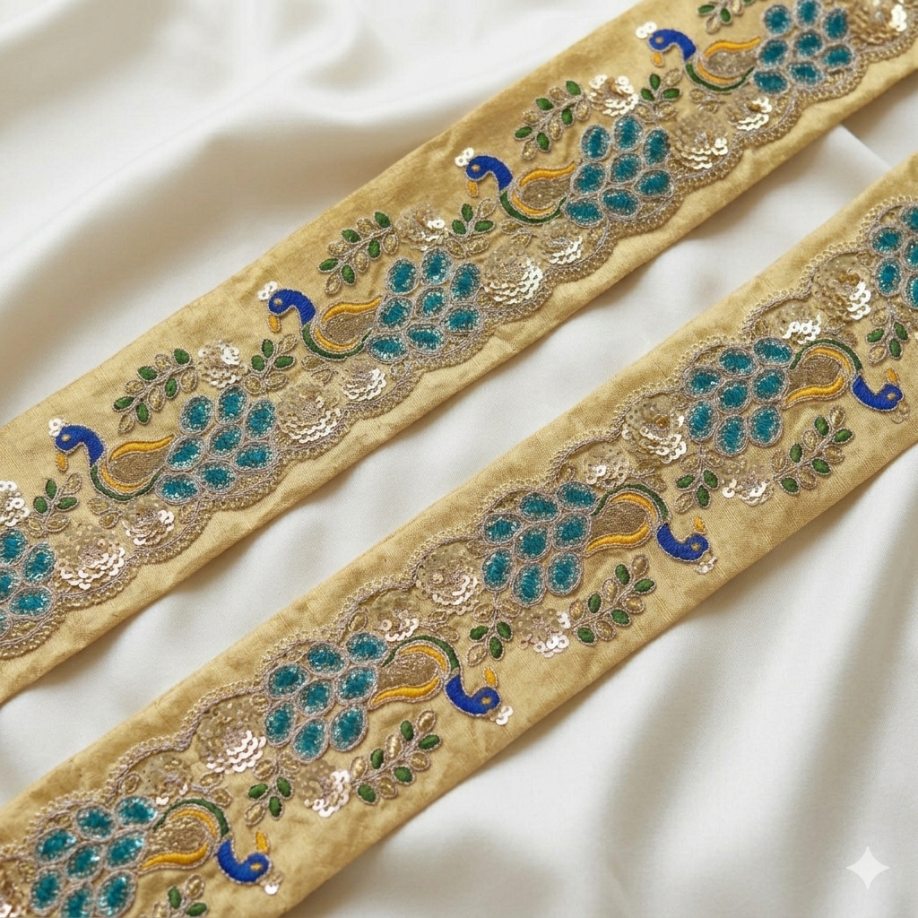 Peacock Motif Multicolor Embroidered Sequin Trim
