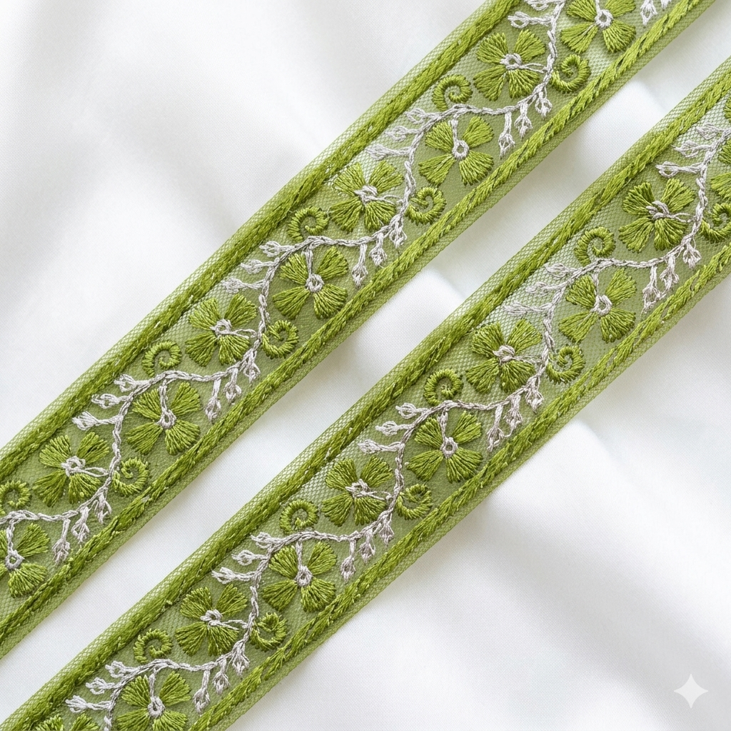 Floral Embroidered Lace Trim with Delicate Vine Detailing