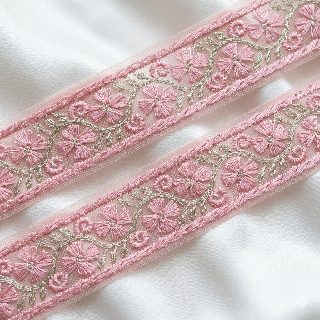 Floral Embroidered Lace Trim with Delicate Vine Detailing