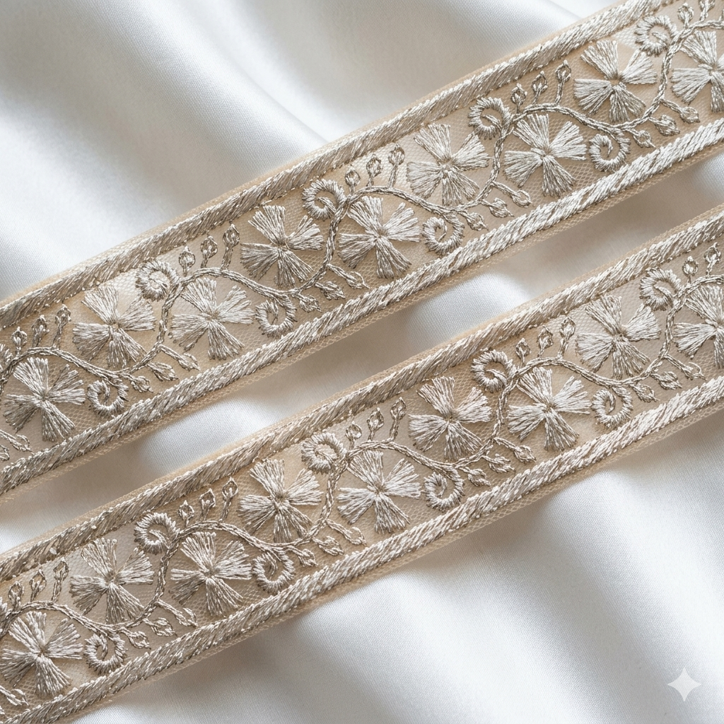 Floral Embroidered Lace Trim with Delicate Vine Detailing