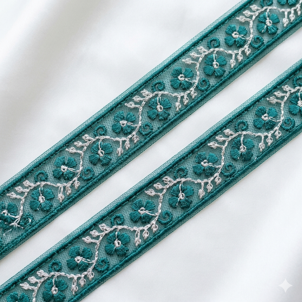 Floral Embroidered Lace Trim with Delicate Vine Detailing