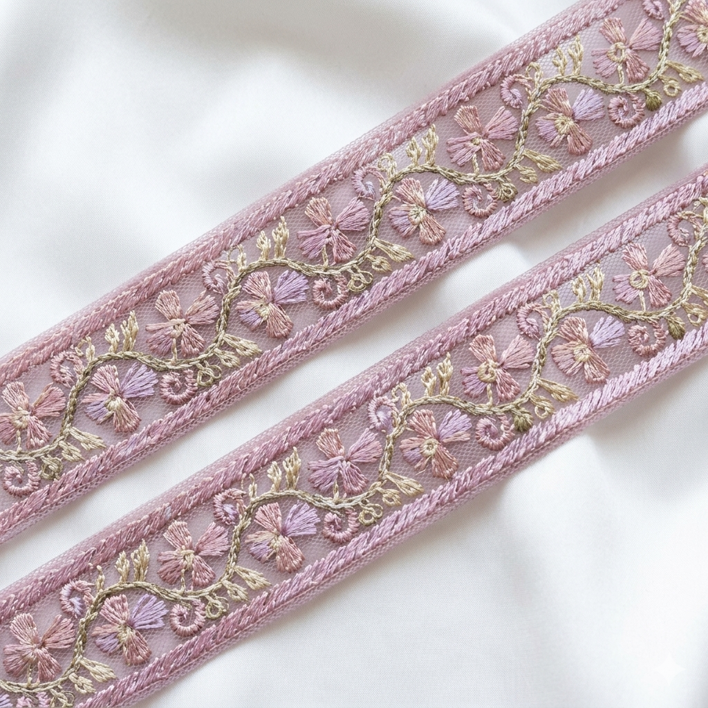 Floral Embroidered Lace Trim with Delicate Vine Detailing