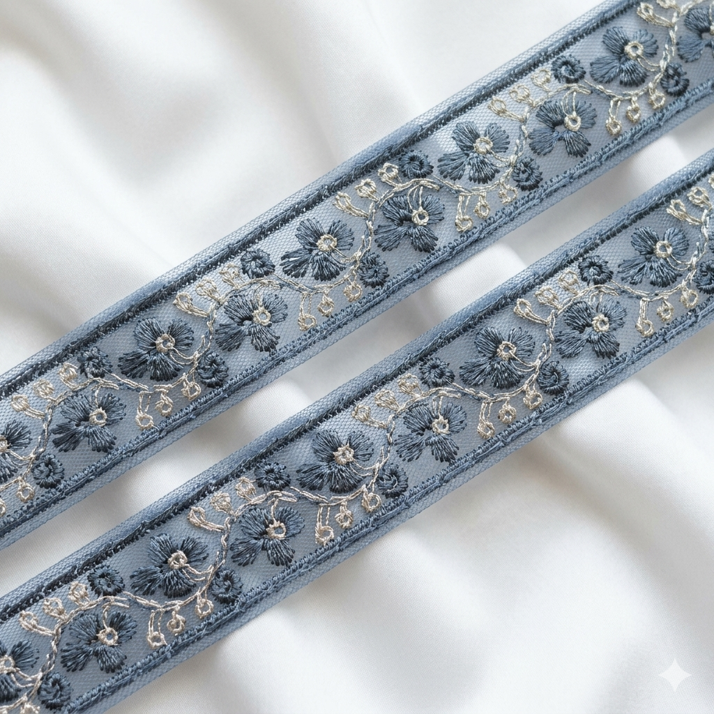 Floral Embroidered Lace Trim with Delicate Vine Detailing