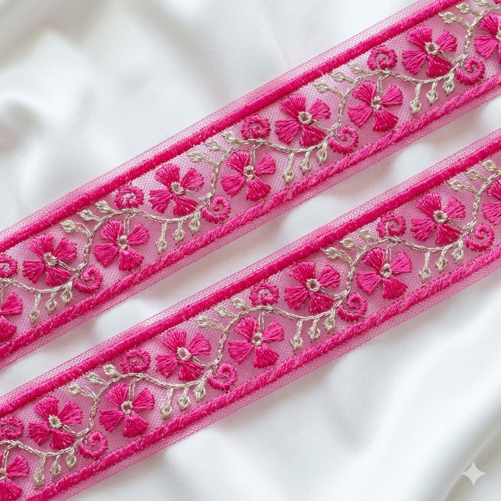 Floral Embroidered Lace Trim with Delicate Vine Detailing
