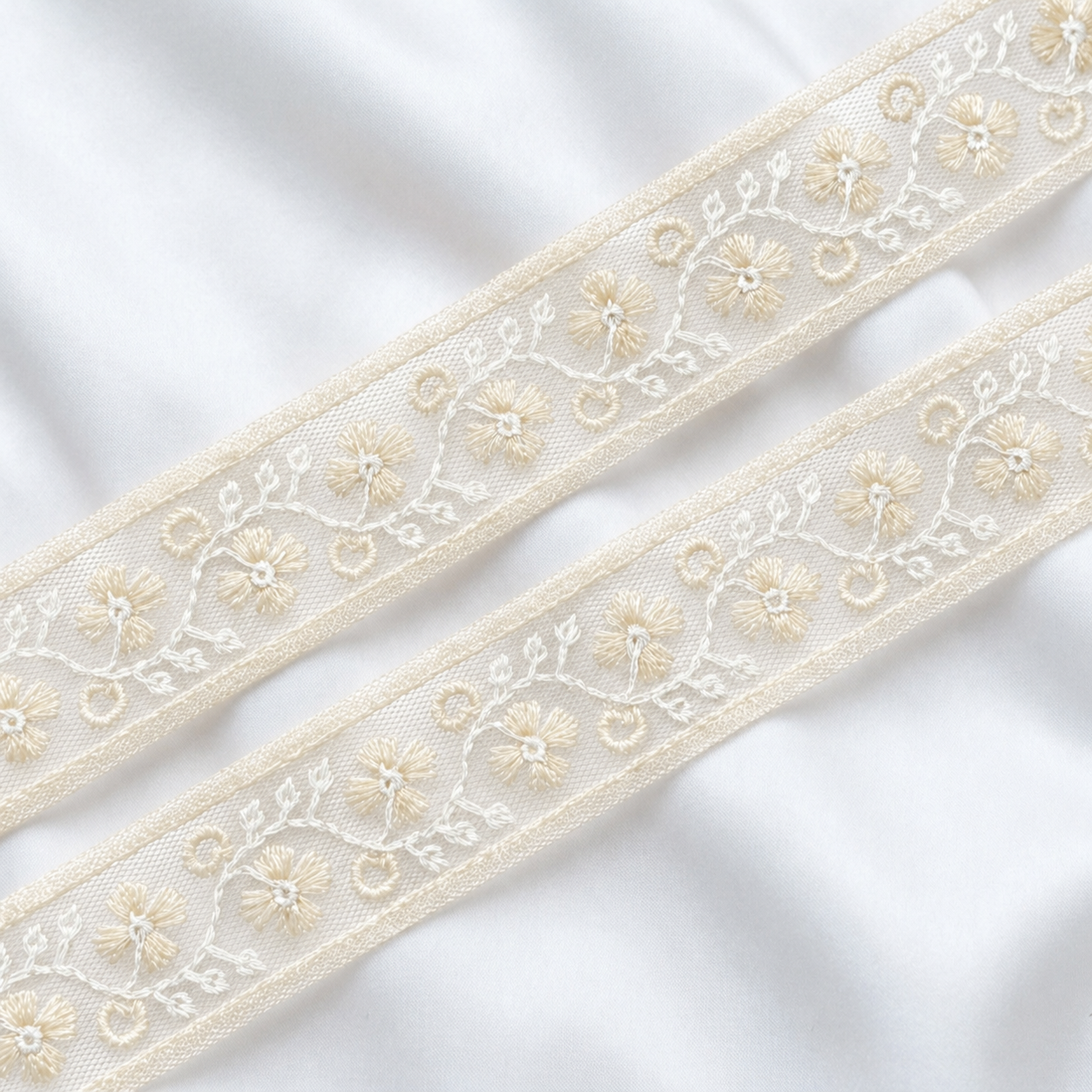 Floral Embroidered Lace Trim with Delicate Vine Detailing