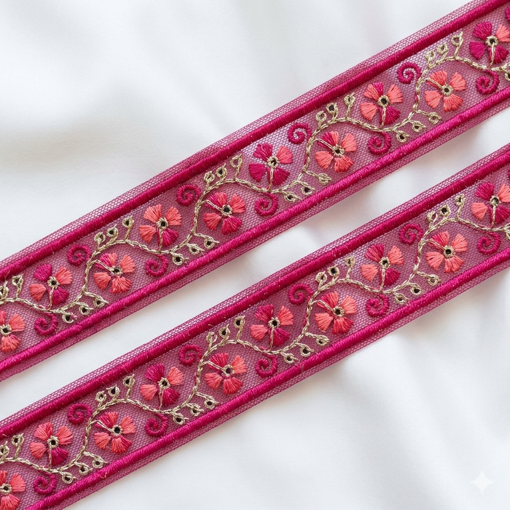 Floral Embroidered Lace Trim with Delicate Vine Detailing