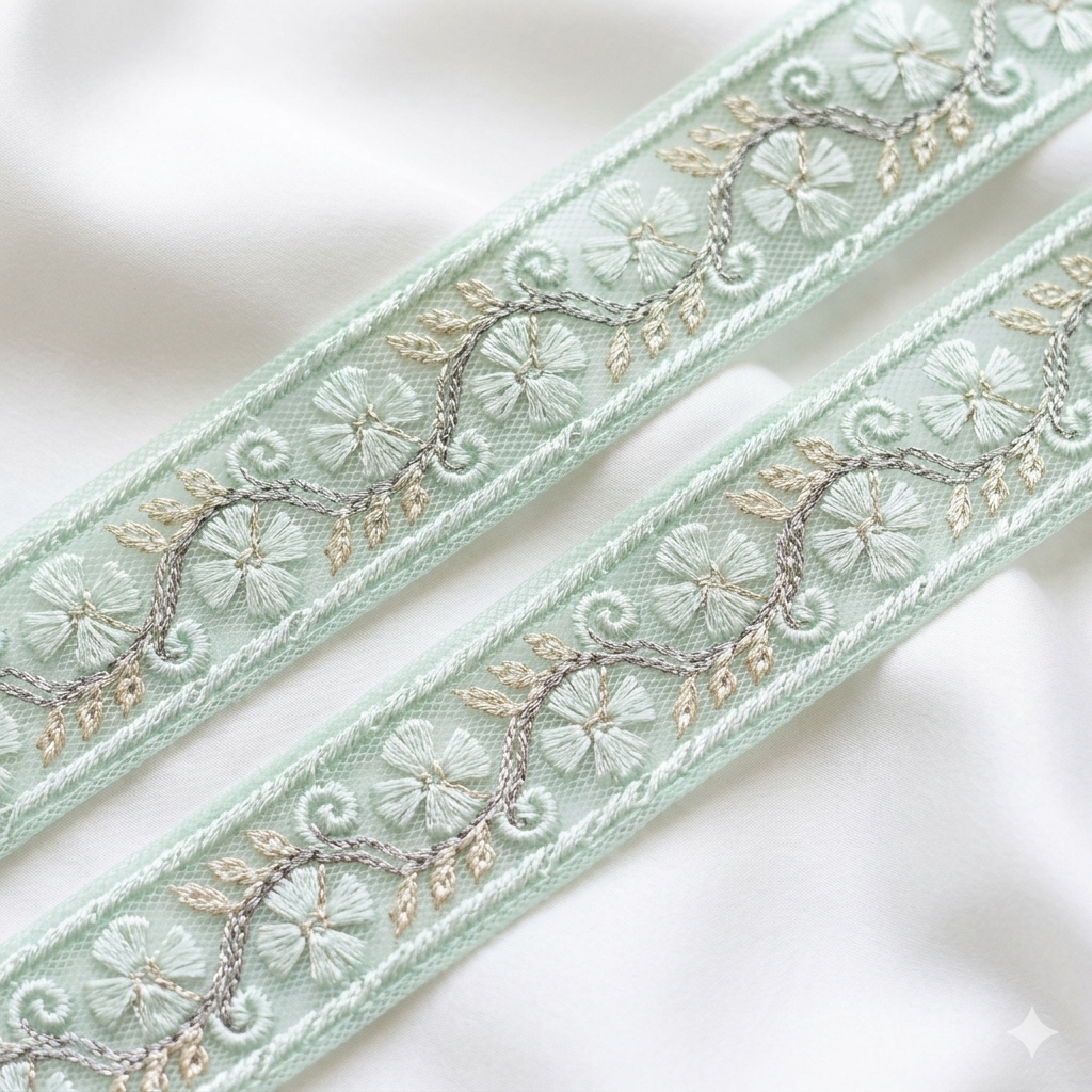 Floral Embroidered Lace Trim with Delicate Vine Detailing