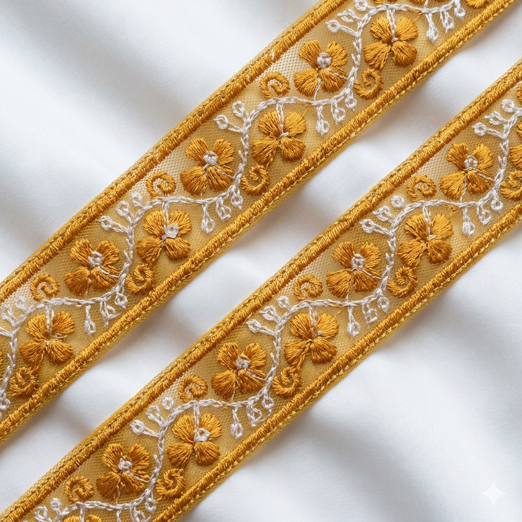 Floral Embroidered Lace Trim with Delicate Vine Detailing
