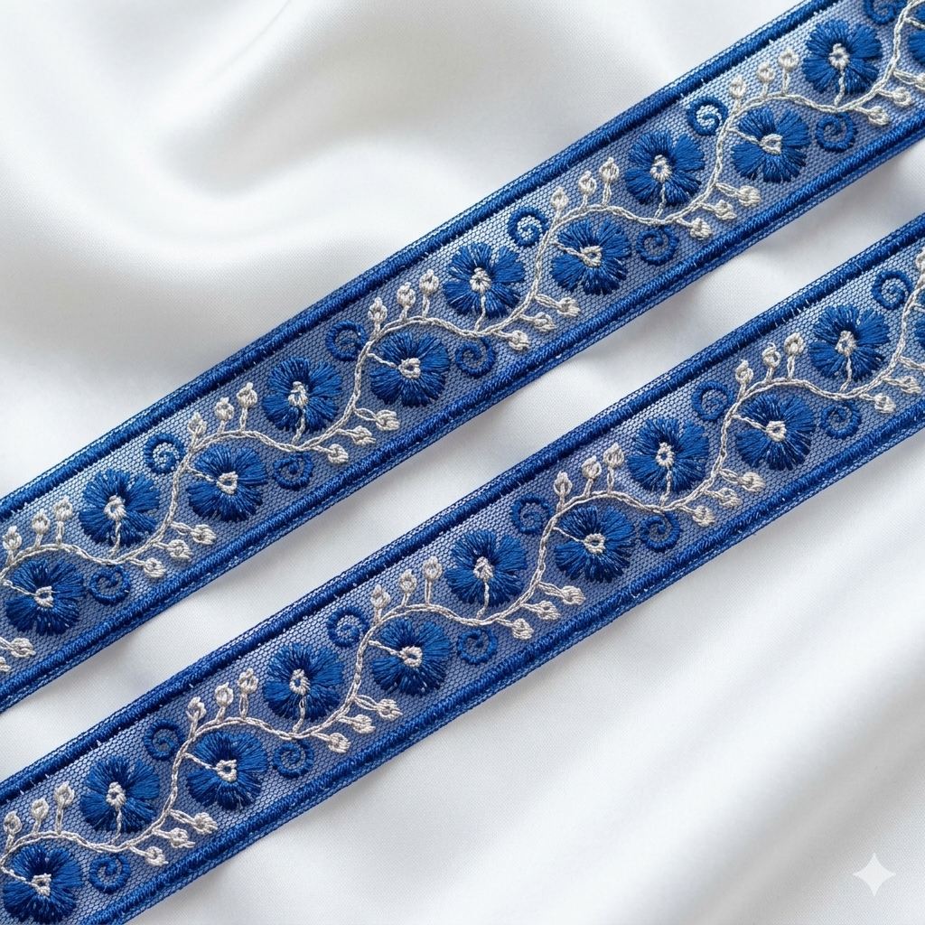 Floral Embroidered Lace Trim with Delicate Vine Detailing