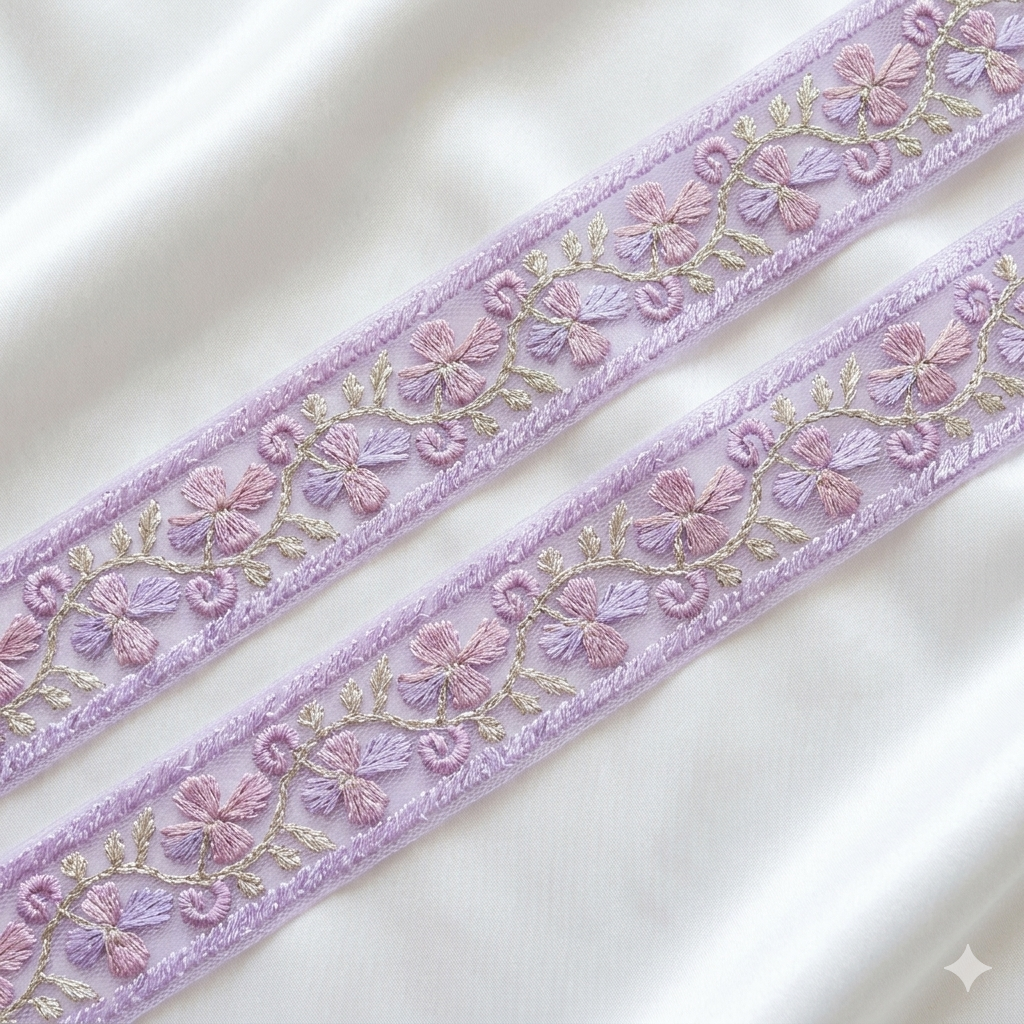 Floral Embroidered Lace Trim with Delicate Vine Detailing