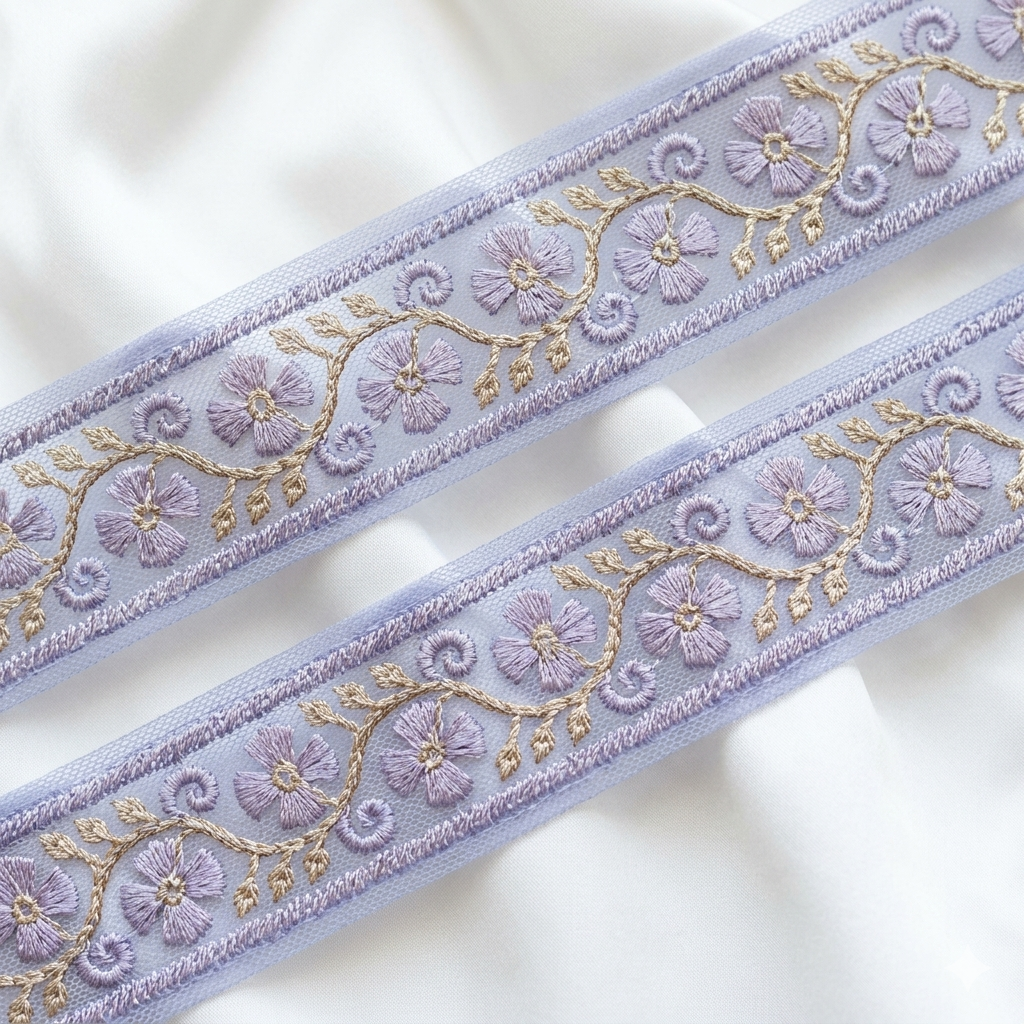 Floral Embroidered Lace Trim with Delicate Vine Detailing