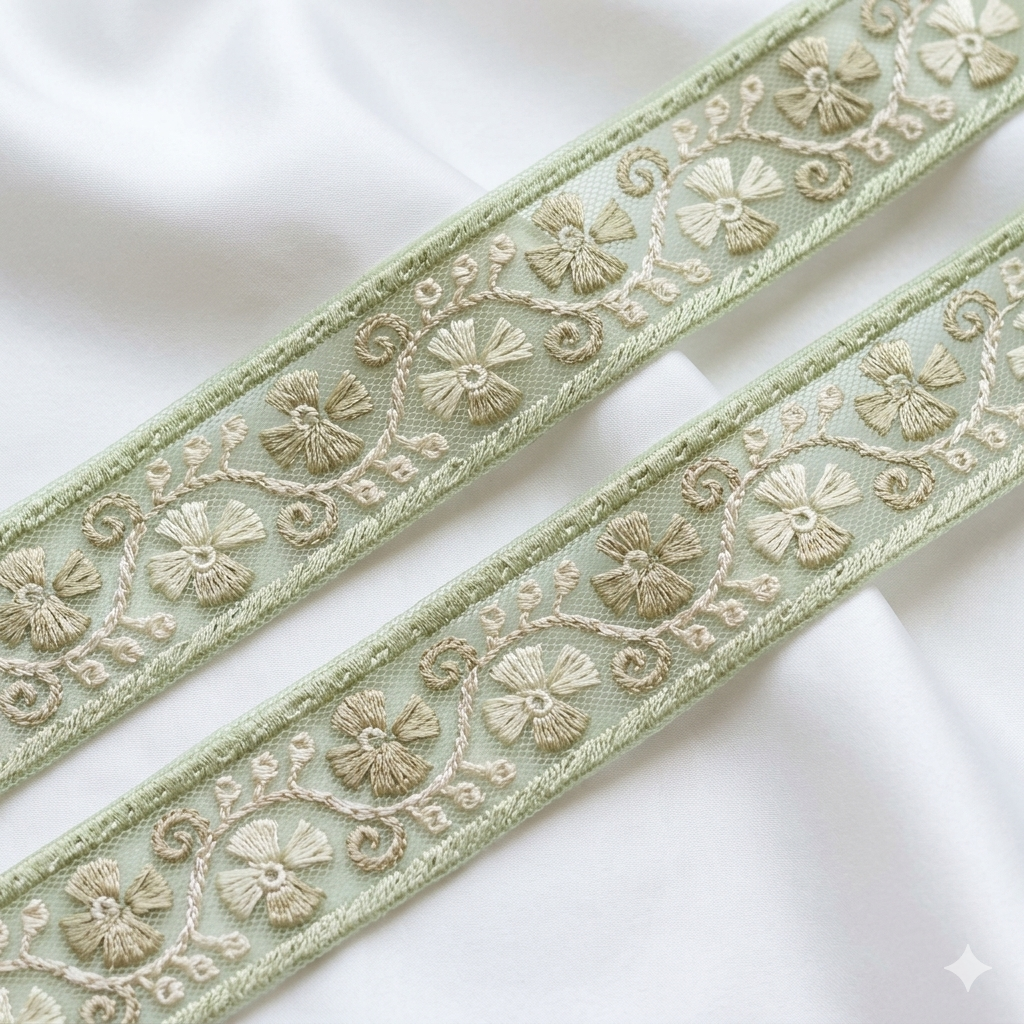 Floral Embroidered Lace Trim with Delicate Vine Detailing