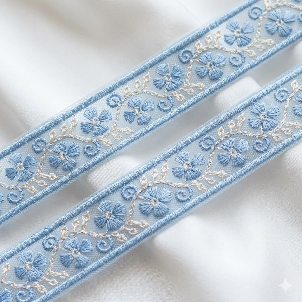Floral Embroidered Lace Trim with Delicate Vine Detailing