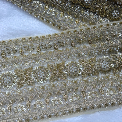 Luxury Pearl & Sequin Embroidered Designer Lace Border